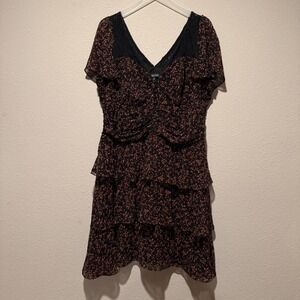 City Chic Womens Floral Tiered Mini Dress Black Lace V-Neck Flutter Sleeve M